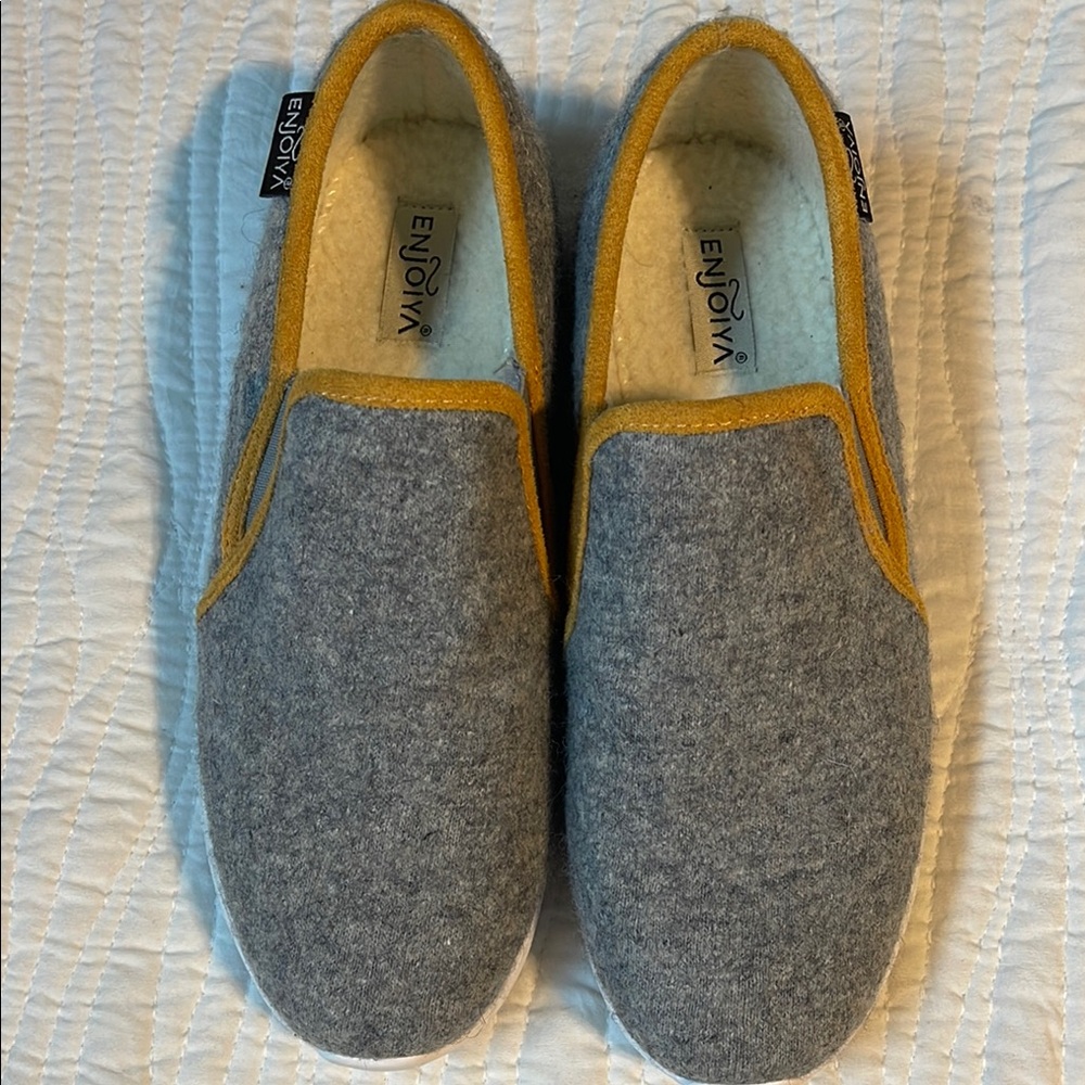 ENJOYA Gray Wool Slip-Ons with Mustard Trim